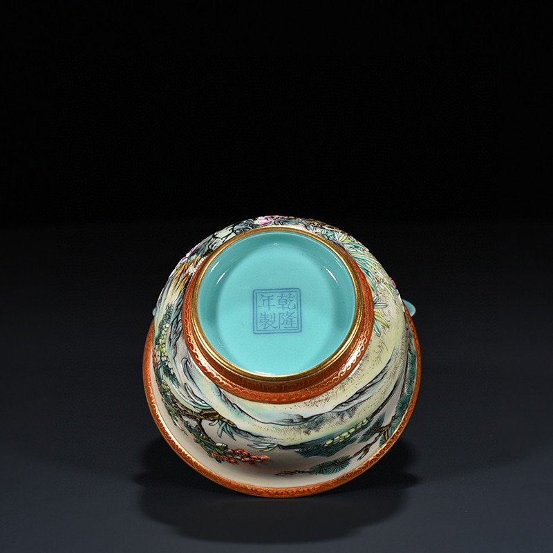 Qing Dynasty Qianlong carved pastel pine and crane longevity cup