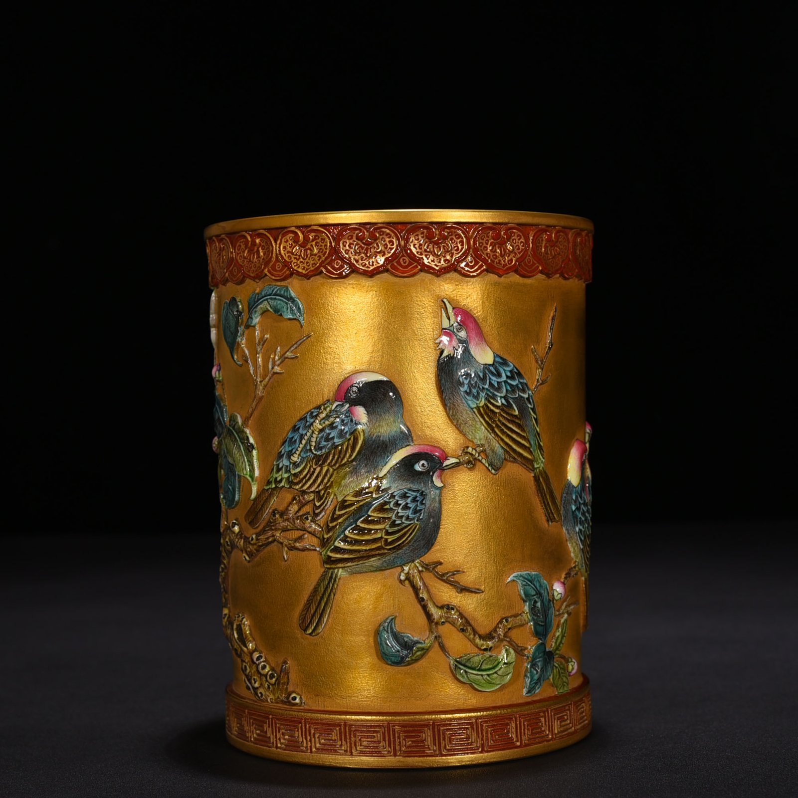 Qing Dynasty Qianlong carved gold-plated pen holder with folded branches