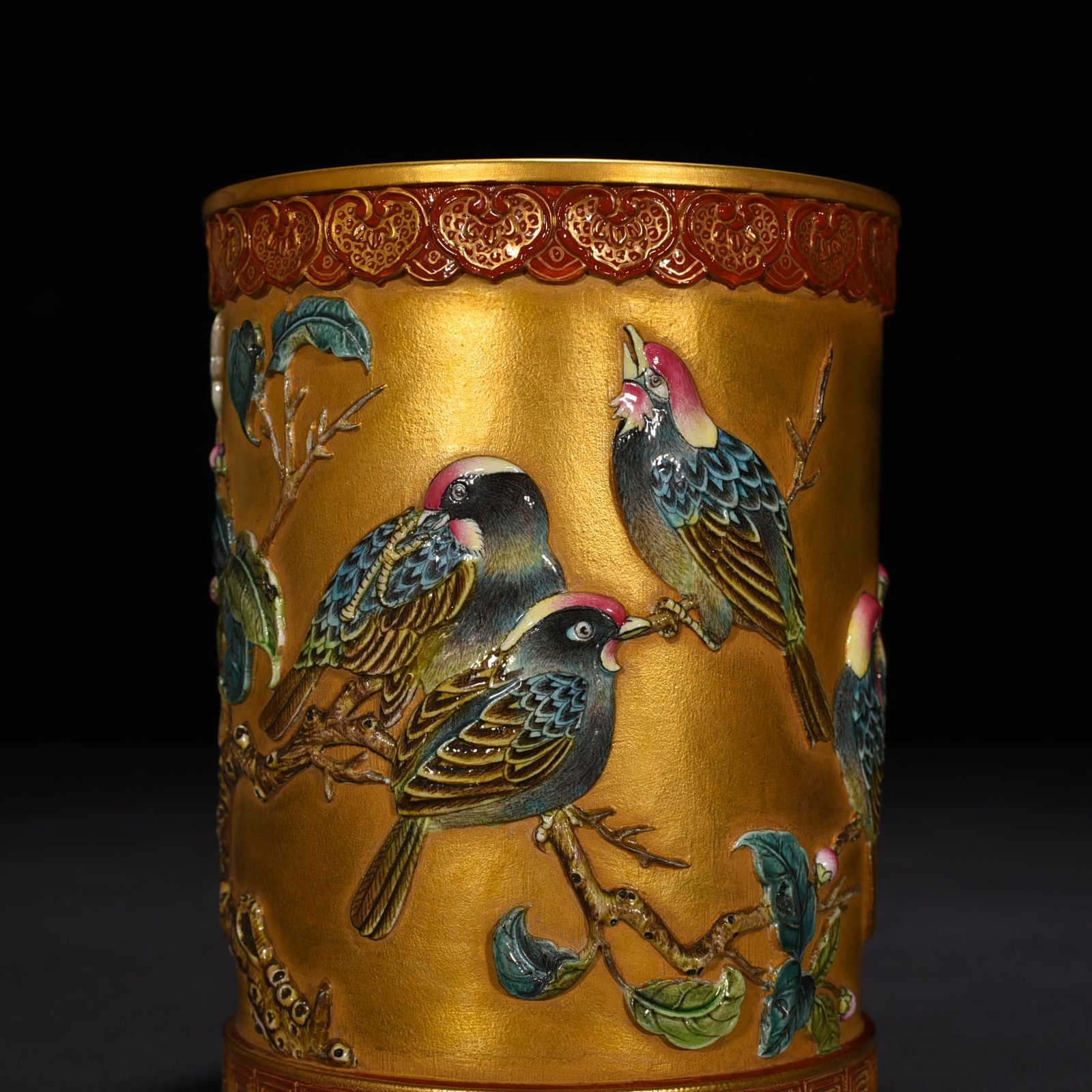 Qing Dynasty Qianlong carved gold-plated pen holder with folded branches