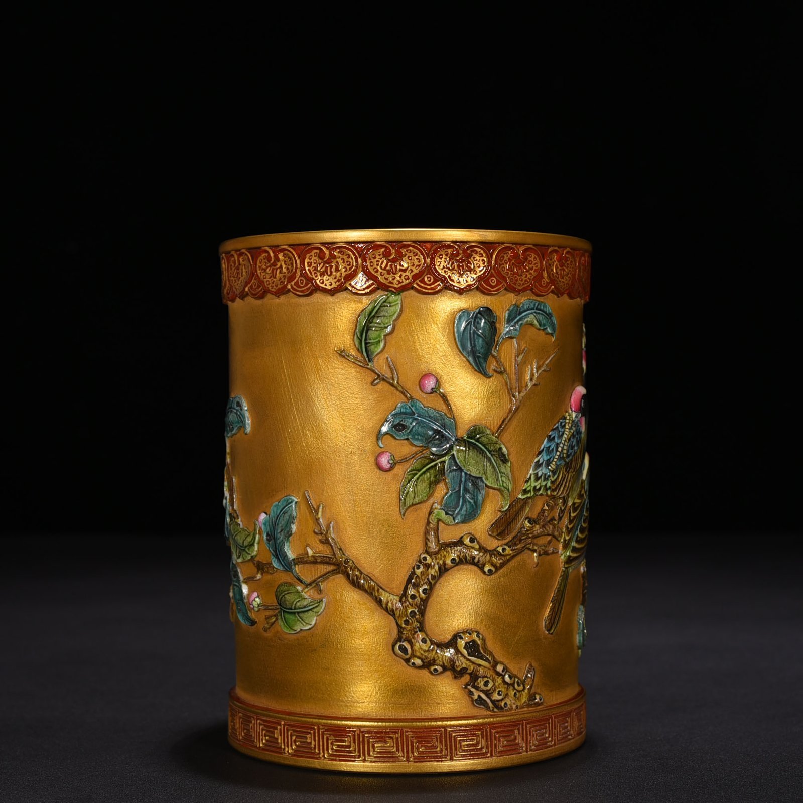 Qing Dynasty Qianlong carved gold-plated pen holder with folded branches