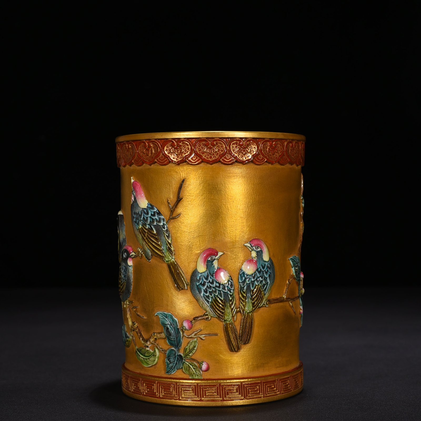 Qing Dynasty Qianlong carved gold-plated pen holder with folded branches