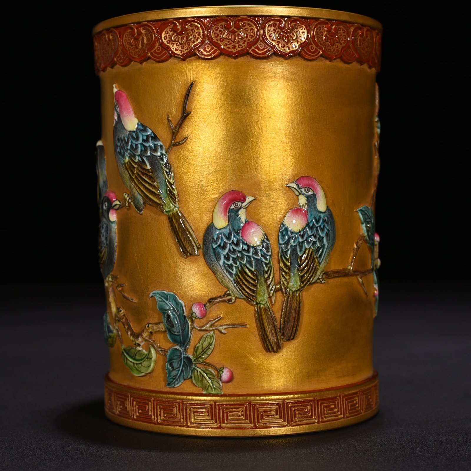 Qing Dynasty Qianlong carved gold-plated pen holder with folded branches