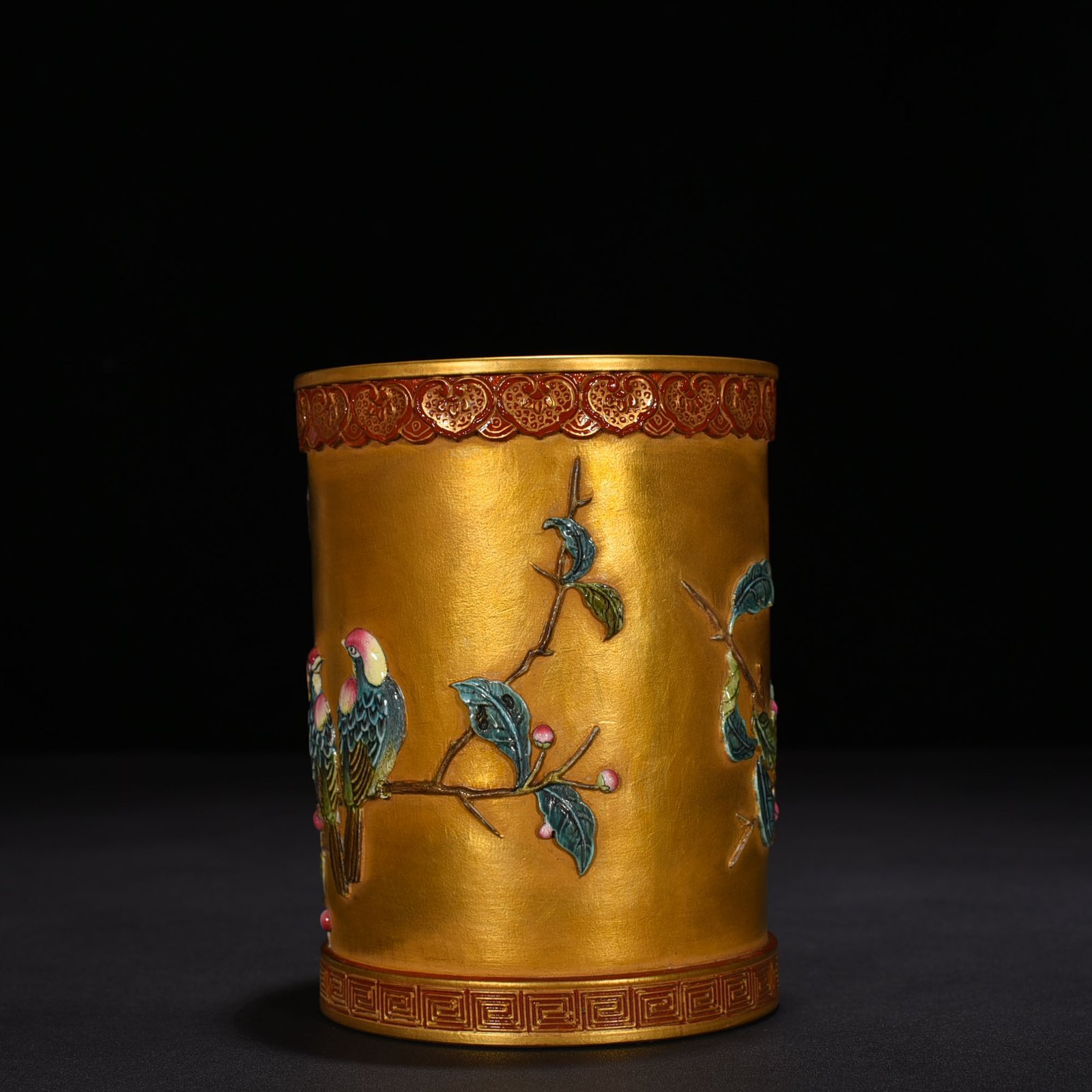 Qing Dynasty Qianlong carved gold-plated pen holder with folded branches