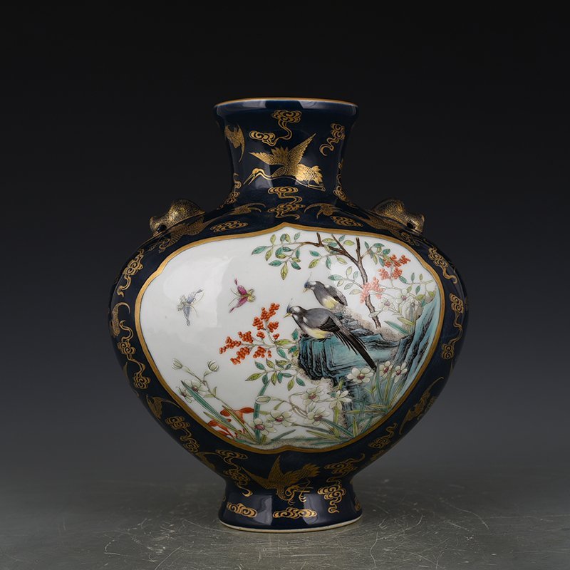 Qing Dynasty Qianlong Ji blue glaze embossed gold flat vase with flower and birds