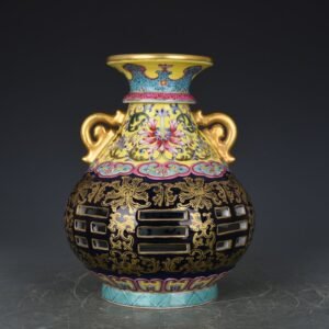 Qing Dynasty Qianlong blue-glazed and gold-embossed hollow bagua binaural vase