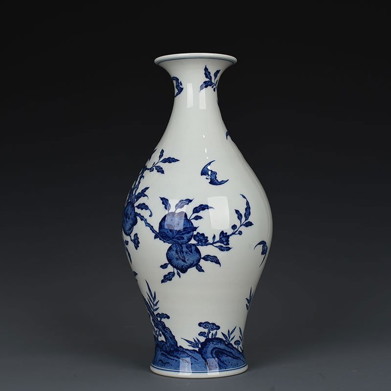 Qing Dynasty Qianlong blue and white five blessings nine peaches longevity and olive vase