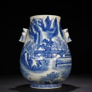 Qing Dynasty Qianlong blue and white landscape ear-shaped statue
