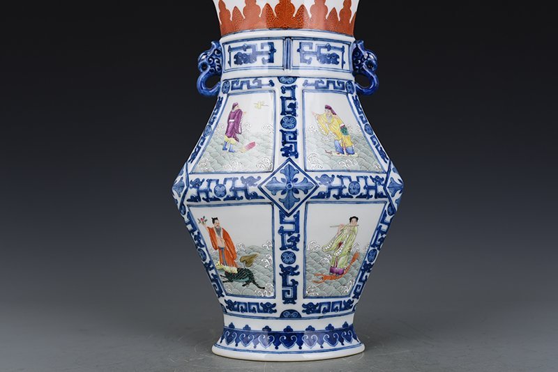 Qing Dynasty Qianlong blue and white consecrated Eight Immortals double-eared flat vase