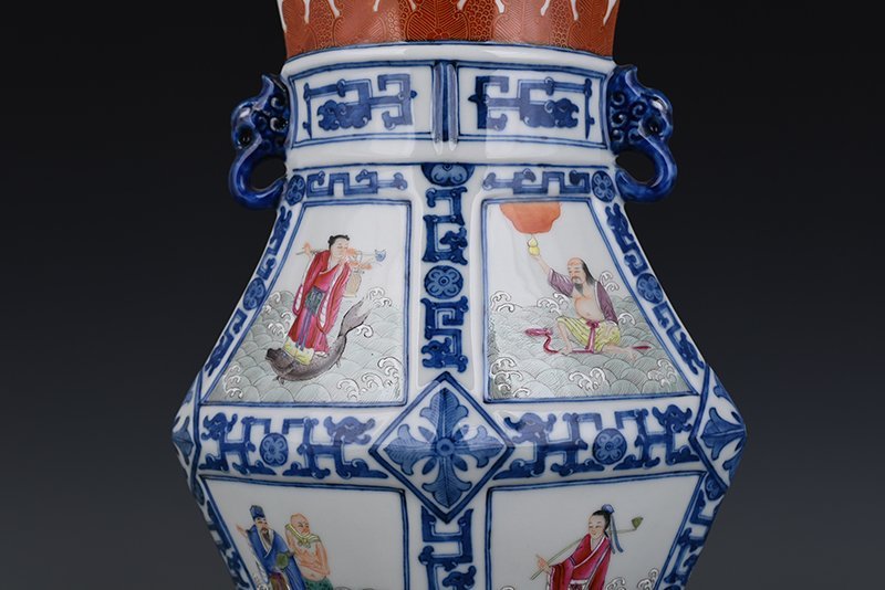 Qing Dynasty Qianlong blue and white consecrated Eight Immortals double-eared flat vase
