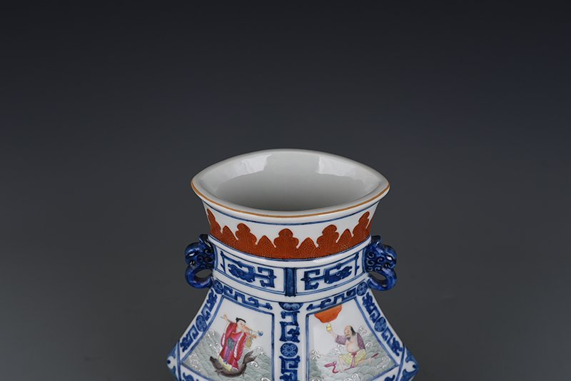 Qing Dynasty Qianlong blue and white consecrated Eight Immortals double-eared flat vase