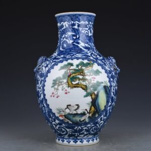 Qing Dynasty Qianlong blue and white blooming pastel pine and crane longevity ear-shaped vase