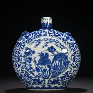 Qing Dynasty Qianlong blue and white windowed four-season flower animal ear flat vase