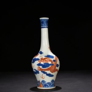 Qing Dynasty Qianlong blue and white alum red cloud and dragon flask