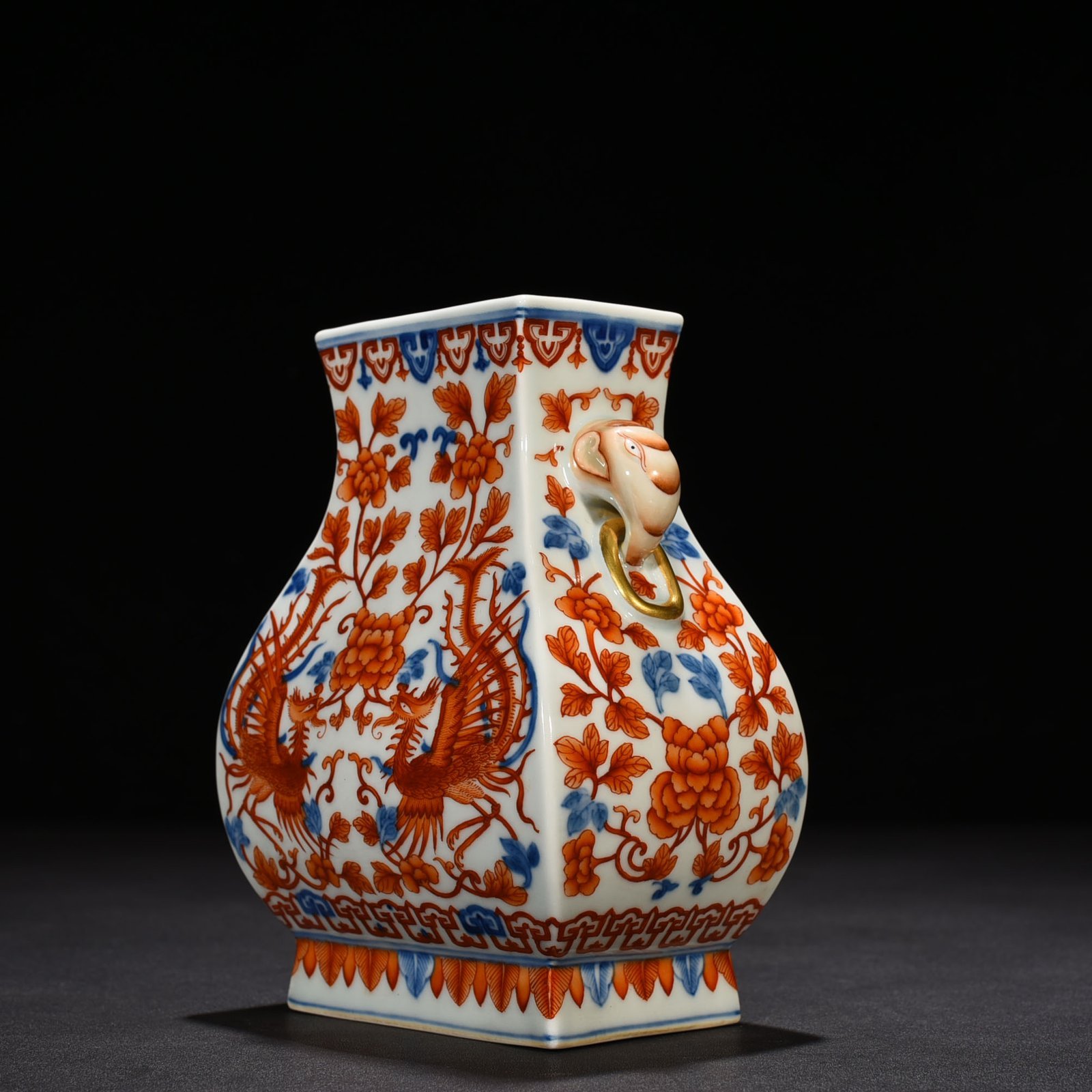 Qing Dynasty Qianlong blue and white alum red gold phoenix ear square pot