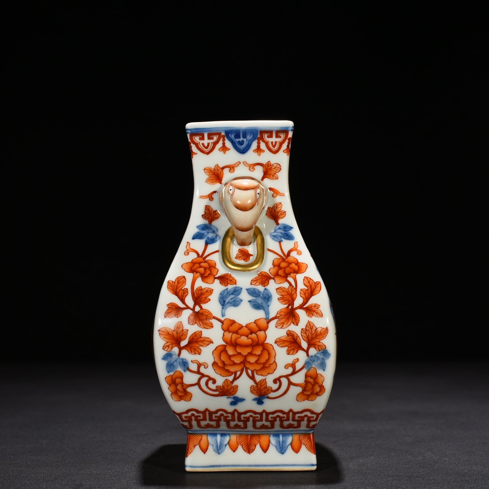 Qing Dynasty Qianlong blue and white alum red gold phoenix ear square pot