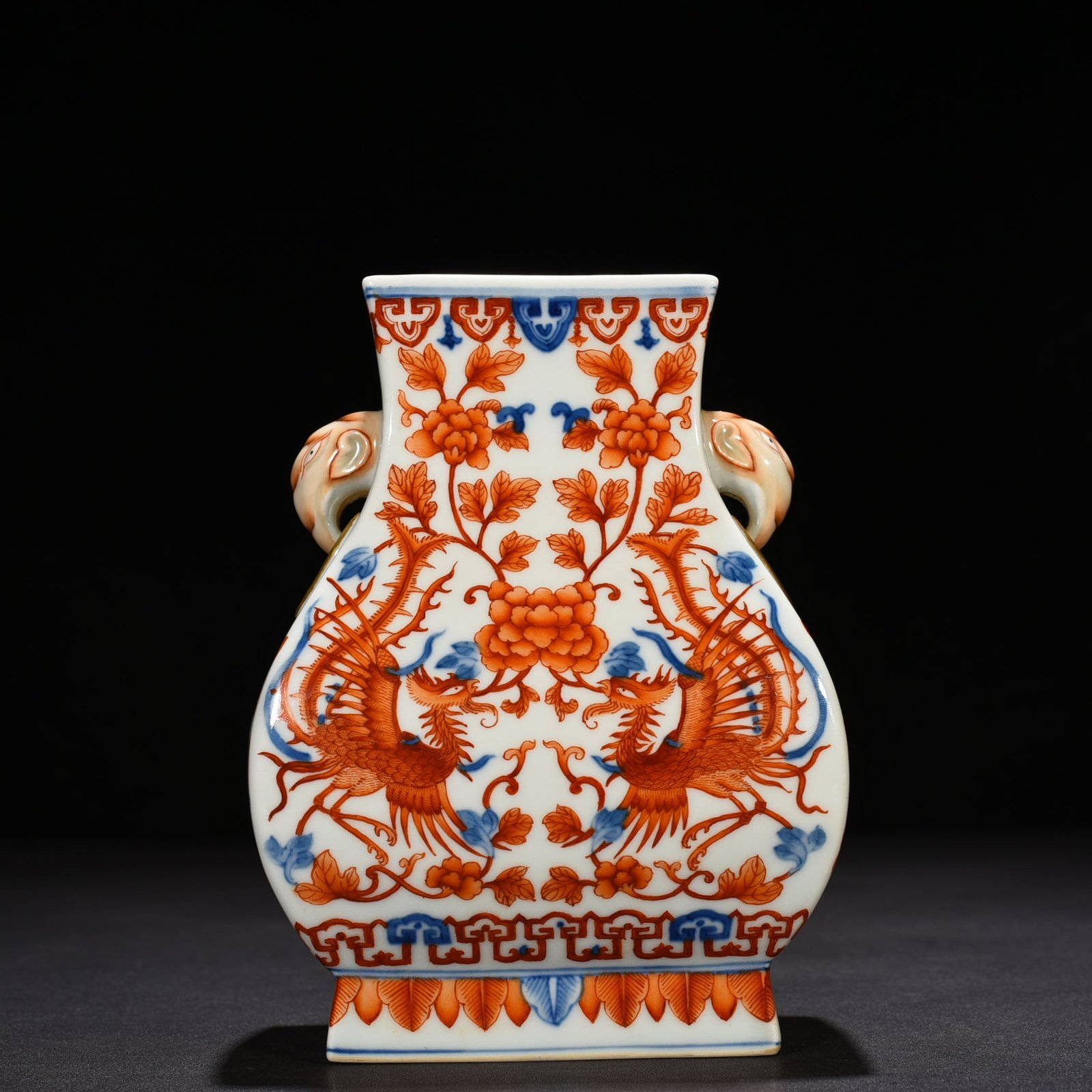 Qing Dynasty Qianlong blue and white alum red gold phoenix ear square pot