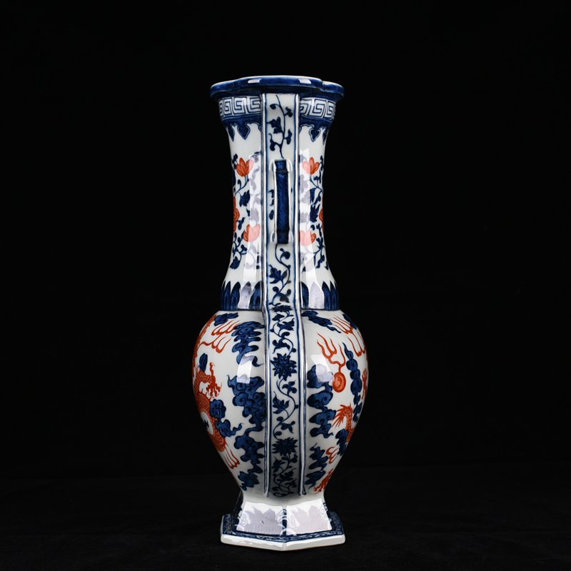 Qing Dynasty Qianlong blue and white alum red dragon amphorae flat vase