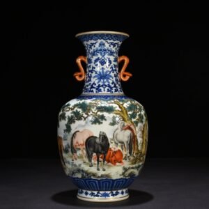 Qing Dynasty Qianlong blue and white pastel eight-horse figure Ruyi ear vase