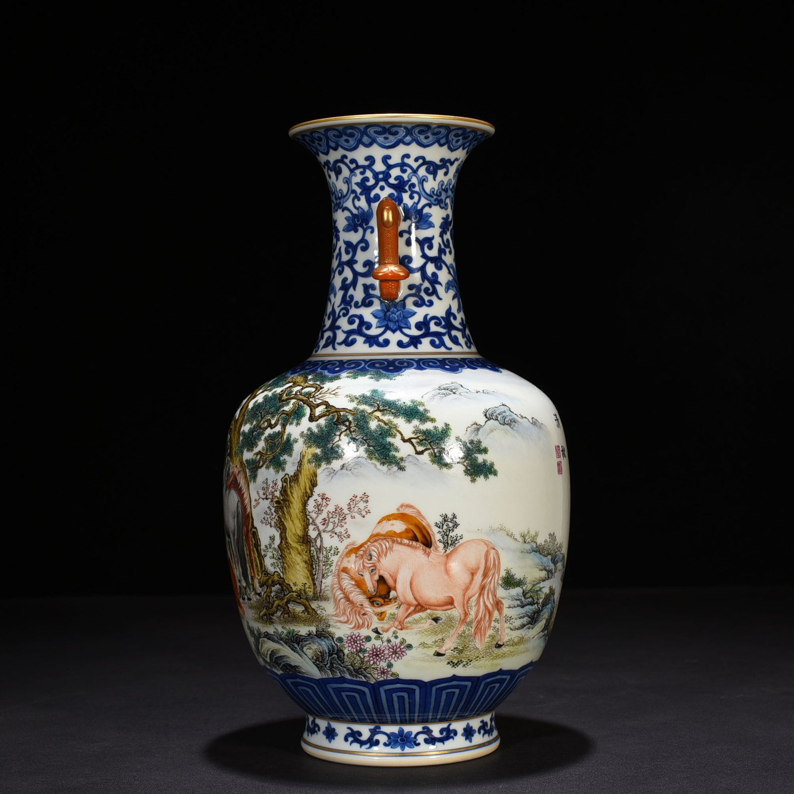 Qing Dynasty Qianlong blue and white pastel eight-horse figure Ruyi ear vase
