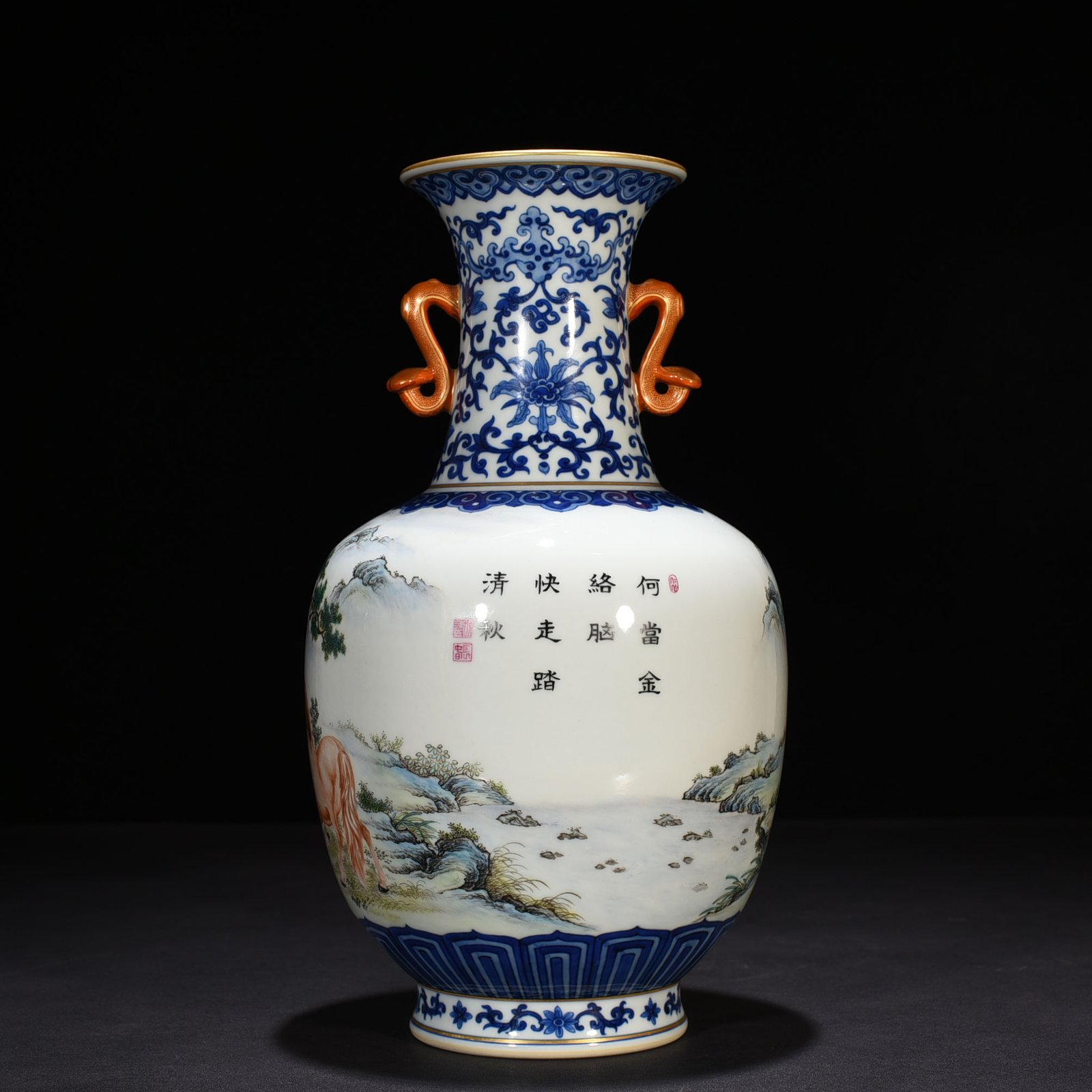 Qing Dynasty Qianlong blue and white pastel eight-horse figure Ruyi ear vase