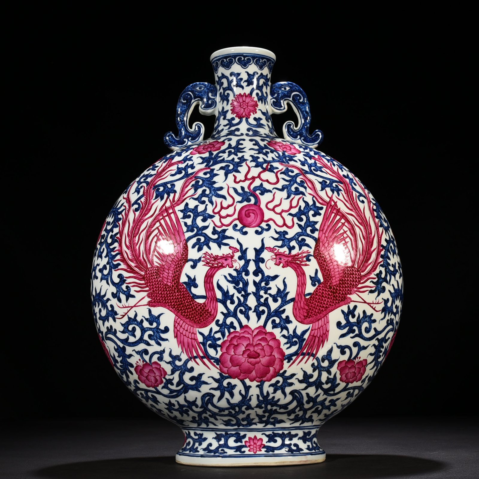 Qing Dynasty Qianlong blue and white intertwined branches rouge red phoenix flat vase