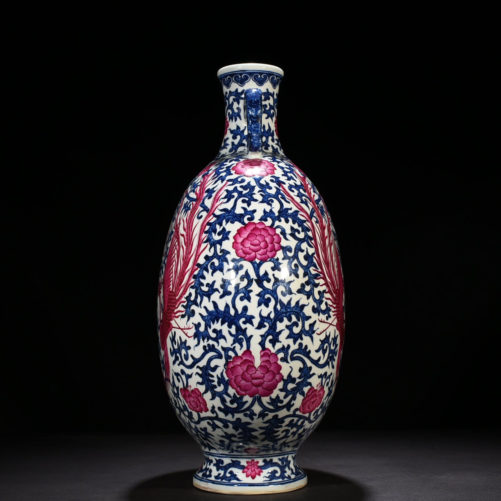 Qing Dynasty Qianlong blue and white intertwined branches rouge red phoenix flat vase