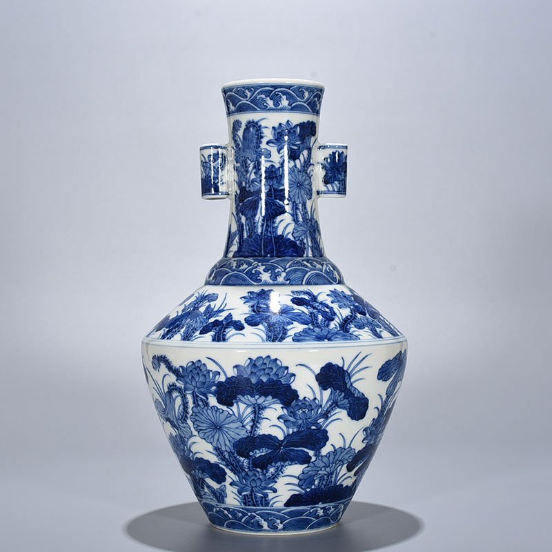 Qing Dynasty Qianlong blue and white lotus vase