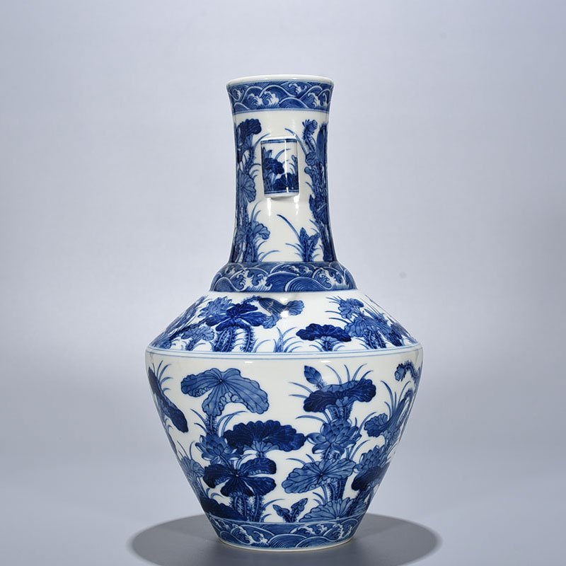 Qing Dynasty Qianlong blue and white lotus vase
