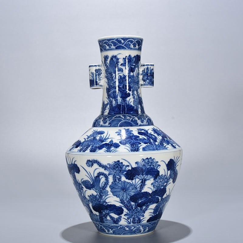 Qing Dynasty Qianlong blue and white lotus vase