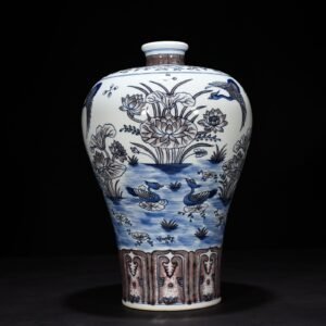 Qing Dynasty Qianlong blue and white underglaze red lotus pond plum vase
