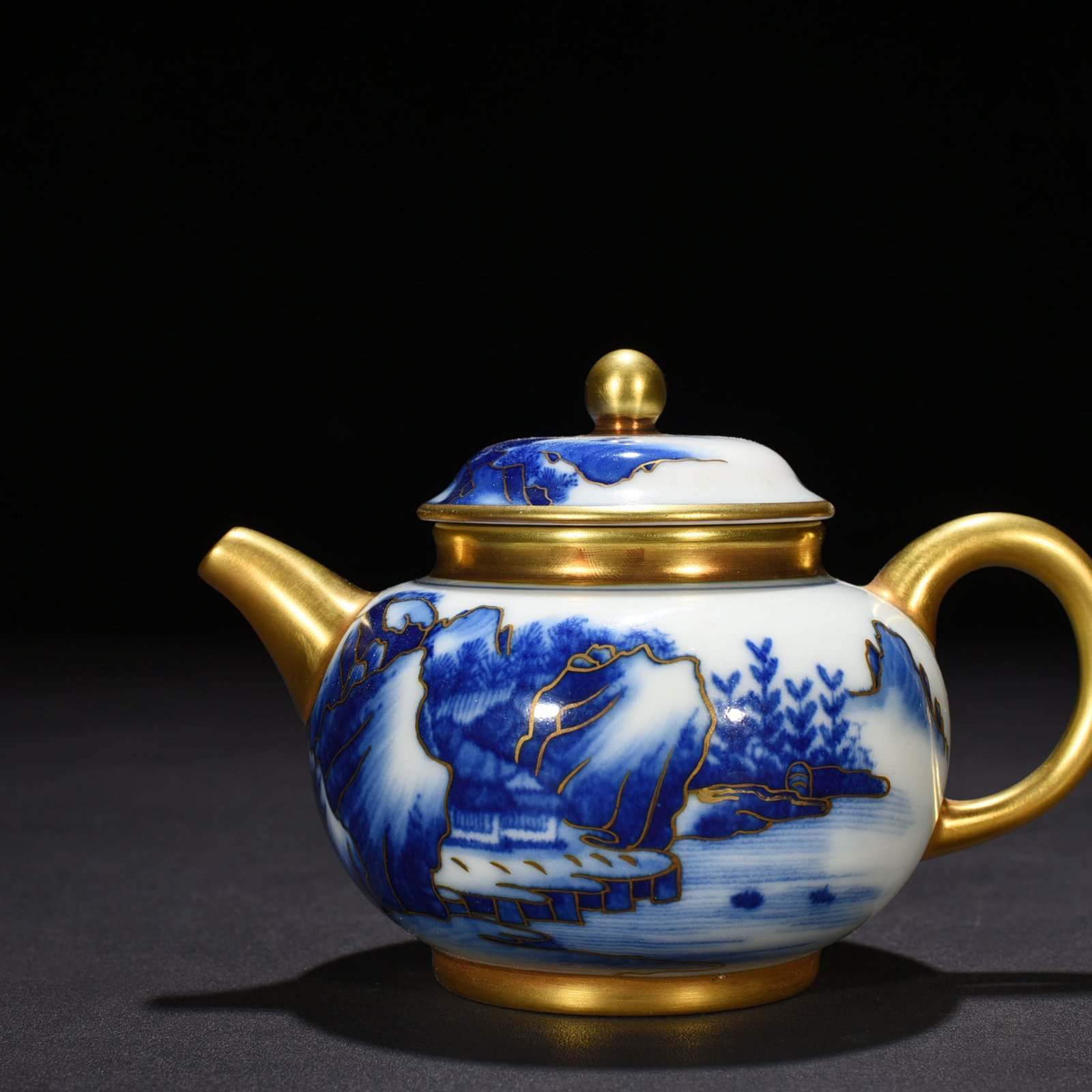 Qing Dynasty Qianlong blue and white gilt landscape pot