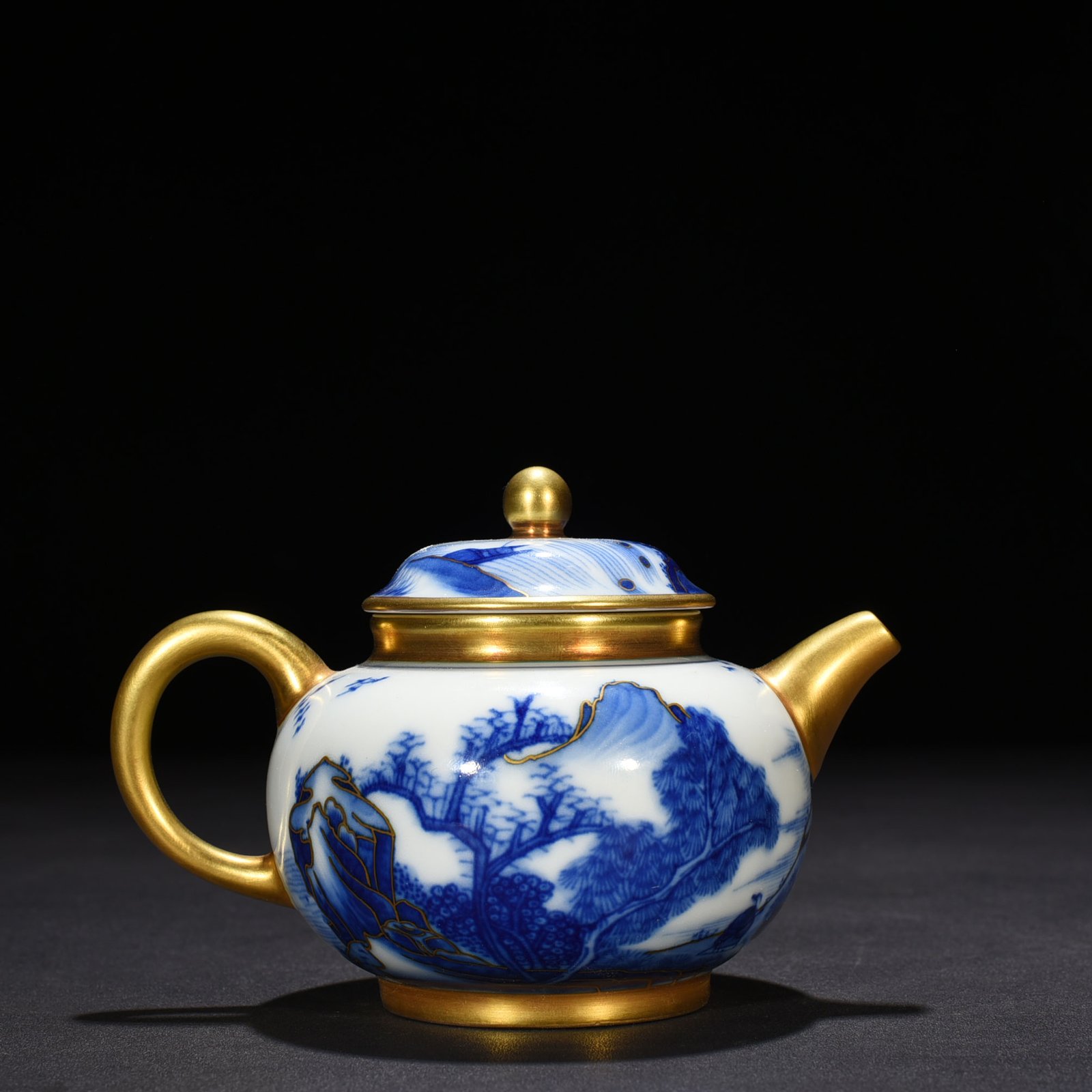 Qing Dynasty Qianlong blue and white gilt landscape pot