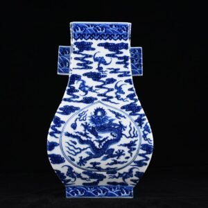Qing Dynasty Qianlong blue and white dragon through-ear vase