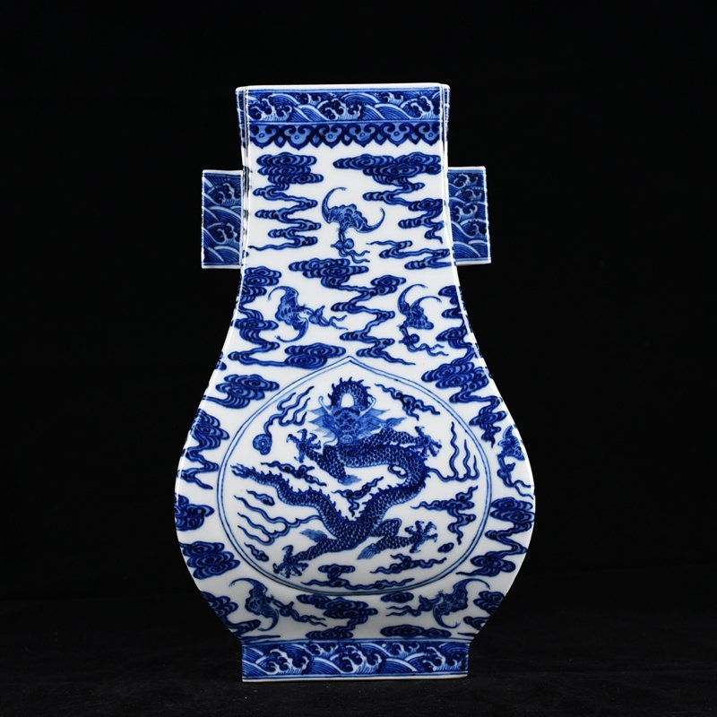 Qing Dynasty Qianlong blue and white dragon through-ear vase