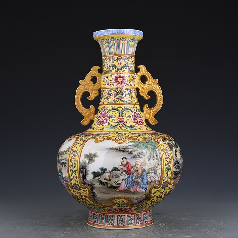 Qing Dynasty Qianlong yellow ground enamel amphora