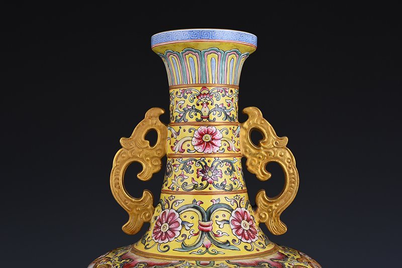 Qing Dynasty Qianlong yellow ground enamel amphora