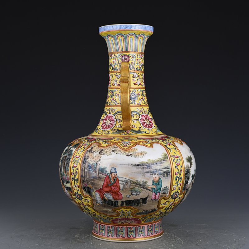 Qing Dynasty Qianlong yellow ground enamel amphora