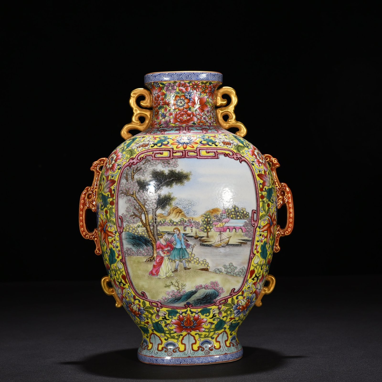 Qing Dynasty Qianlong period yellow ground enamel window with Western figures