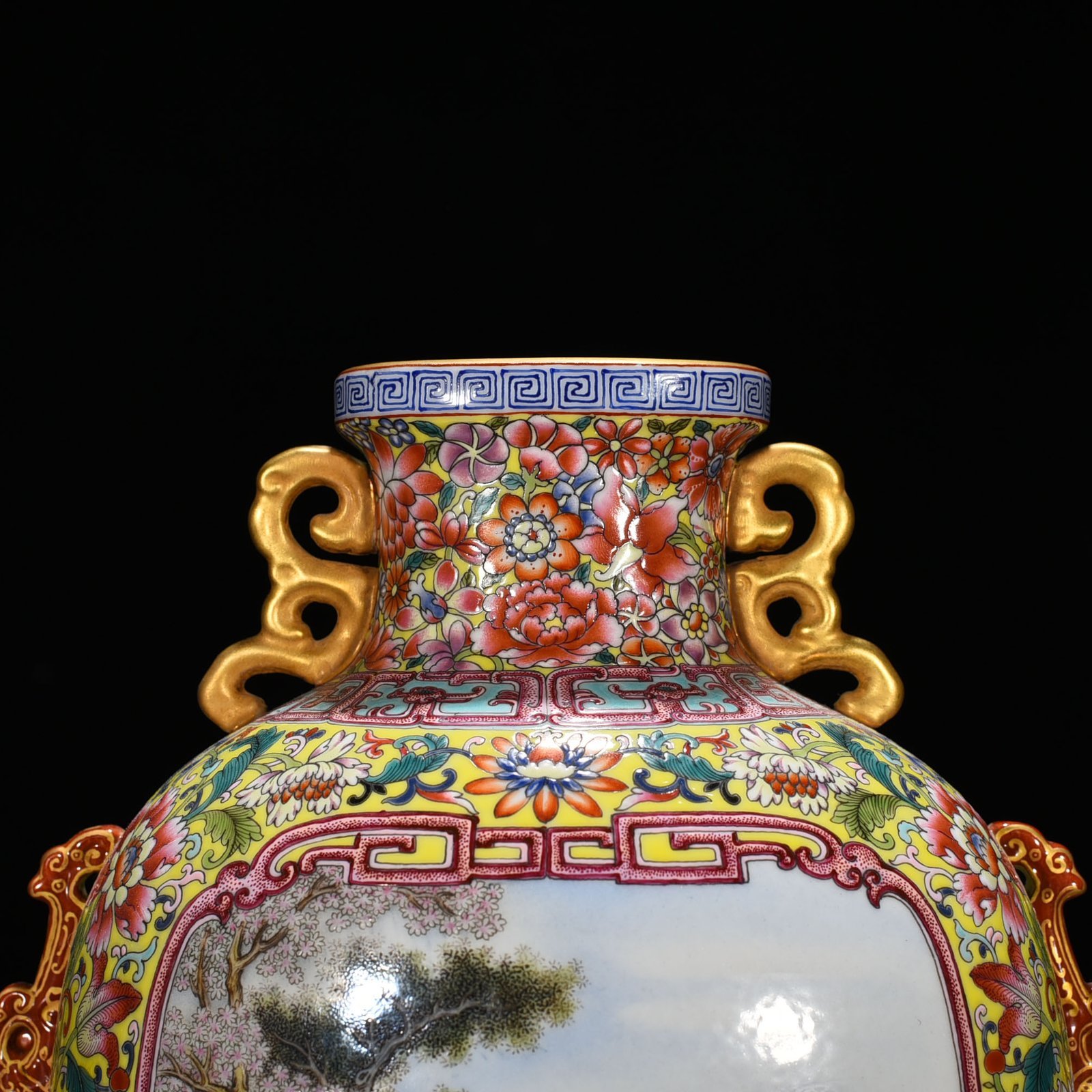 Qing Dynasty Qianlong period yellow ground enamel window with Western figures