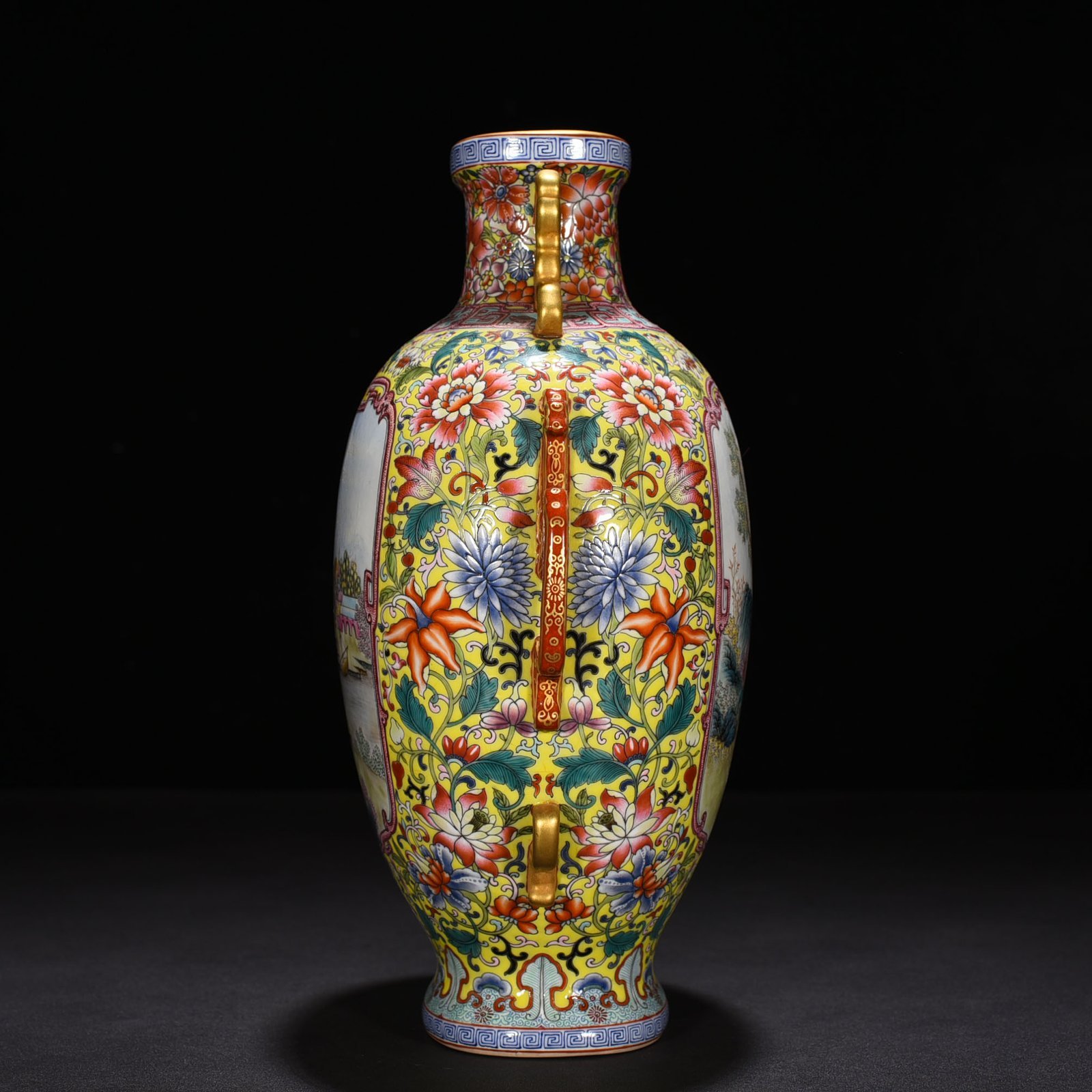 Qing Dynasty Qianlong period yellow ground enamel window with Western figures
