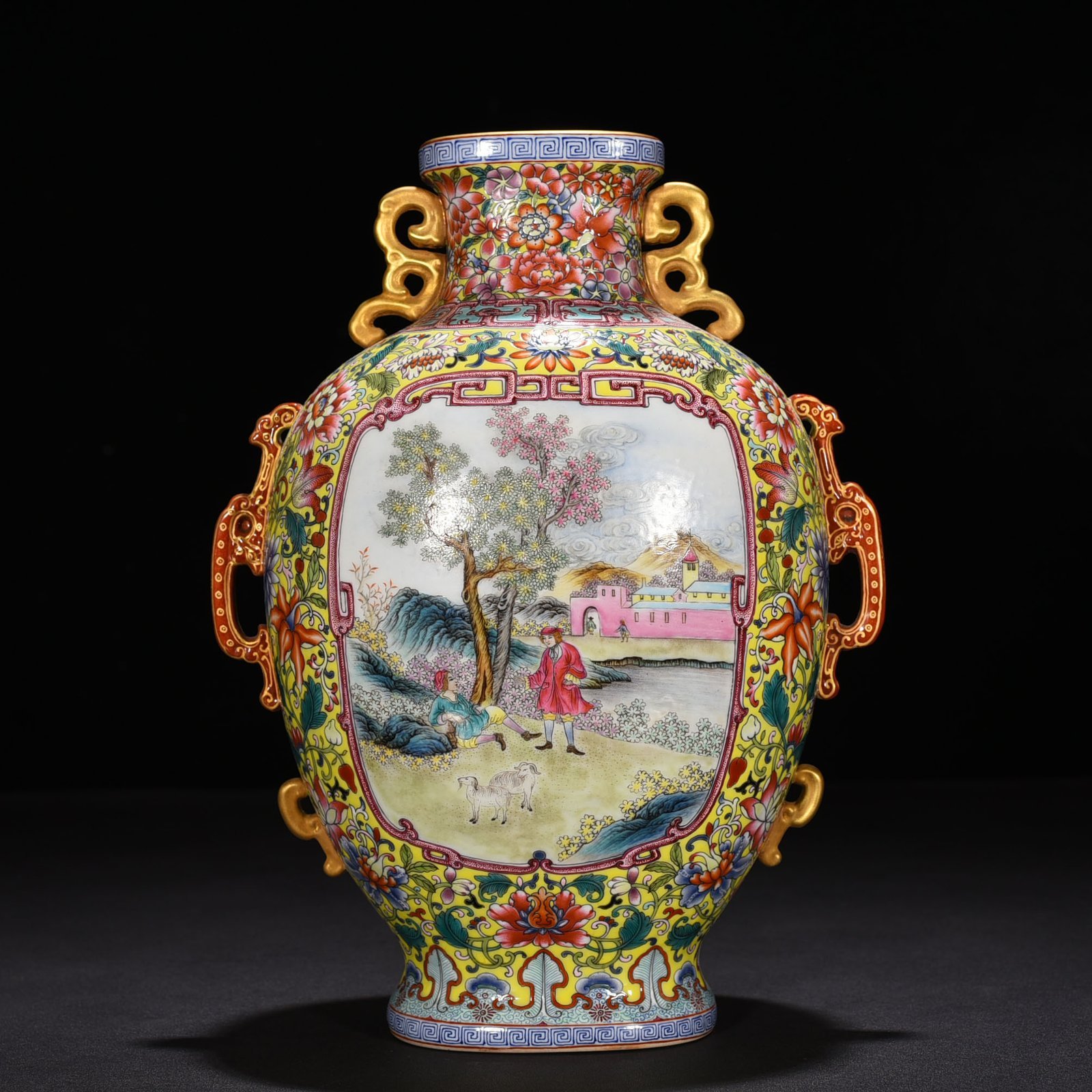 Qing Dynasty Qianlong period yellow ground enamel window with Western figures