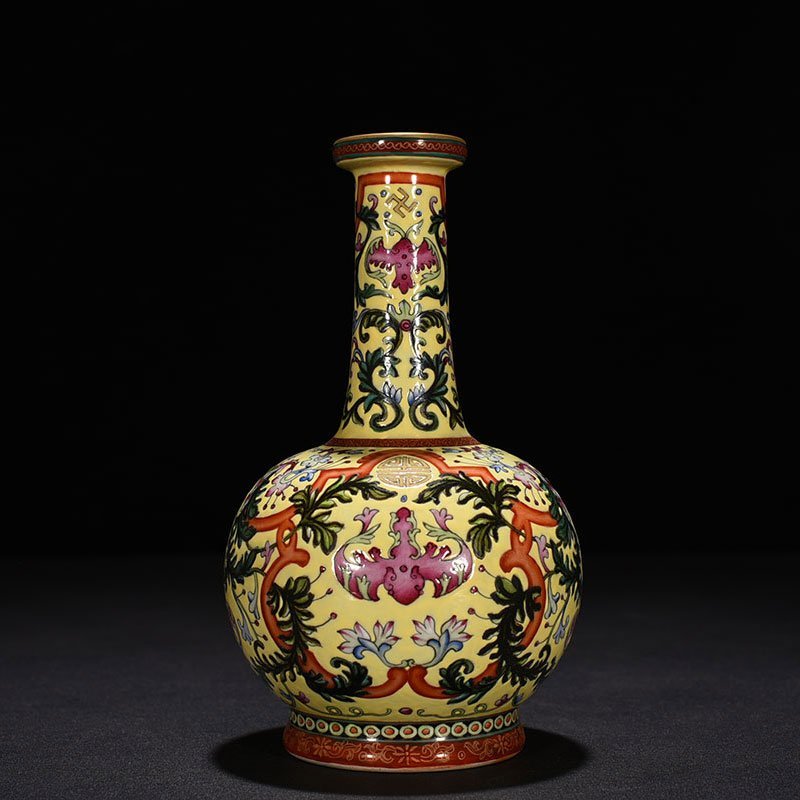 Qing Dynasty Qianlong yellow ground enamel plate vas
