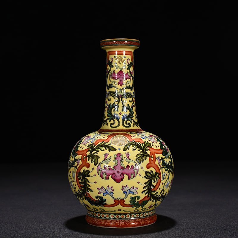 Qing Dynasty Qianlong yellow ground enamel plate vas