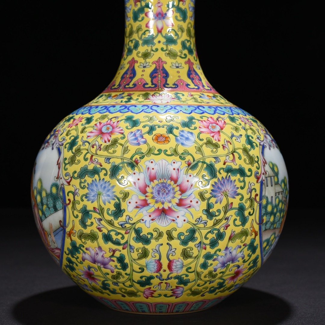 Qing Dynasty Qianlong yellow ground enamel celestial sphere vase