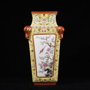Qing Dynasty Qianlong yellow ground pastel consecrated flower and bird landscape square vase