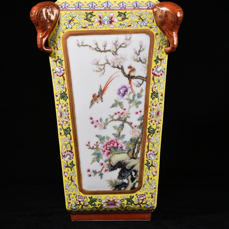 Qing Dynasty Qianlong yellow ground pastel consecrated flower and bird landscape square vase