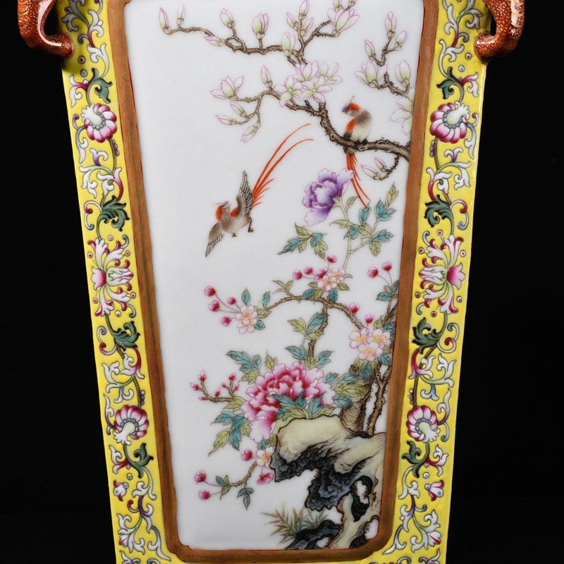 Qing Dynasty Qianlong yellow ground pastel consecrated flower and bird landscape square vase