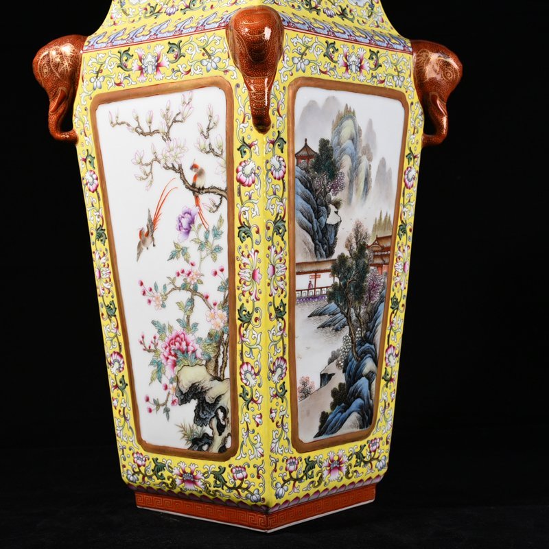 Qing Dynasty Qianlong yellow ground pastel consecrated flower and bird landscape square vase