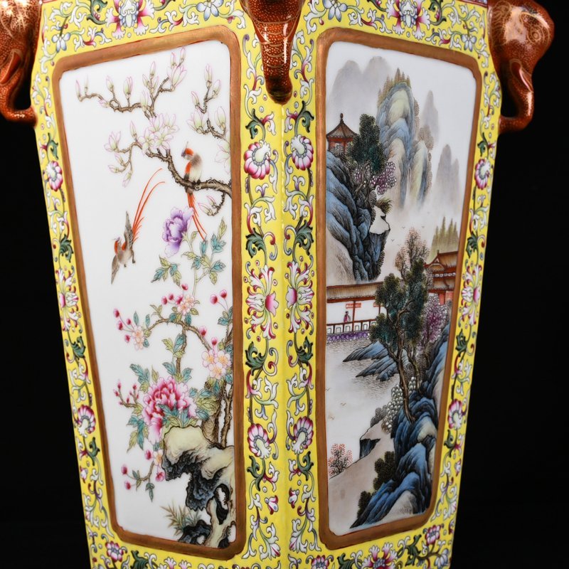 Qing Dynasty Qianlong yellow ground pastel consecrated flower and bird landscape square vase