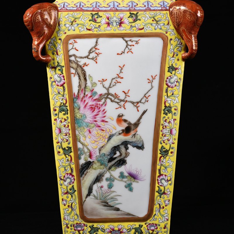 Qing Dynasty Qianlong yellow ground pastel consecrated flower and bird landscape square vase